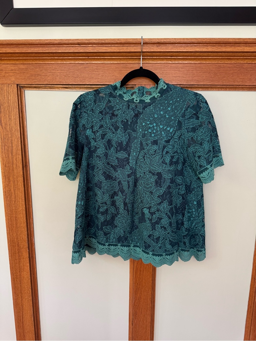 Anthropologie Teal Lace Floral Short Sleeve Top